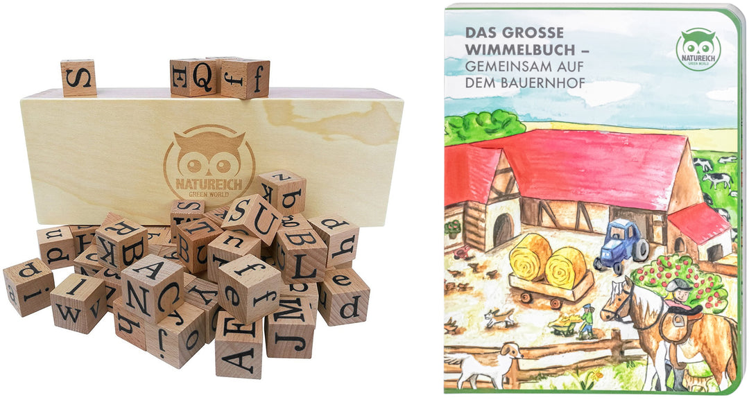 Sprachlernbündel: Alphabet-Blöcke aus Holz + Wimmelbuch - Natureich