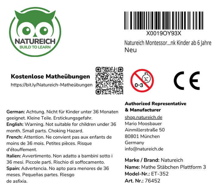 Giocattoli matematici Natureich Montessori, scatola di metallo in legno per riporre numeri, apprendimento, righelli, colorati da 3 anni per lo sviluppo precoce delle capacità motorie