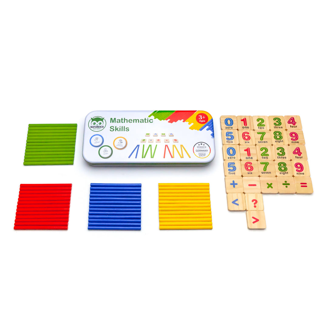 Natureich Mathe Montessori ABC Spielzeug Holz Metallbox zum Aufbewahren Zahlen Lernen Rechenstäbchen 1x1 ab 3 Jahre für frühe Motorik Entwicklung - Natureich