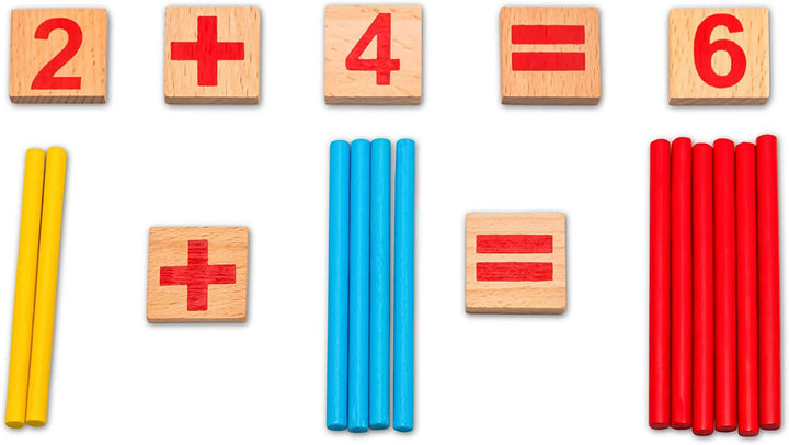 Natureich Mathematik Montessori Spielzeug aus Holz inkl. Stoffbeutel zum Aufbewahren Zahlen Lernen mit Rechen Stäbchen, Bunt / Natur ab 3 Jahre - Natureich