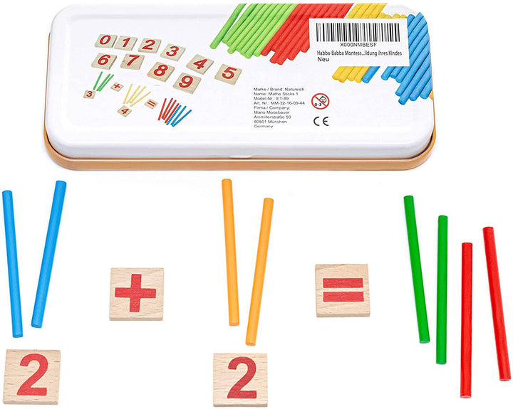 Natureich Montessori Mathe Spielzeug Holz Metallbox zum Aufbewahren Zahlen Lernen Rechenstäbchen Bunt ab 3 Jahre für frühe Motorik Entwicklung - Natureich